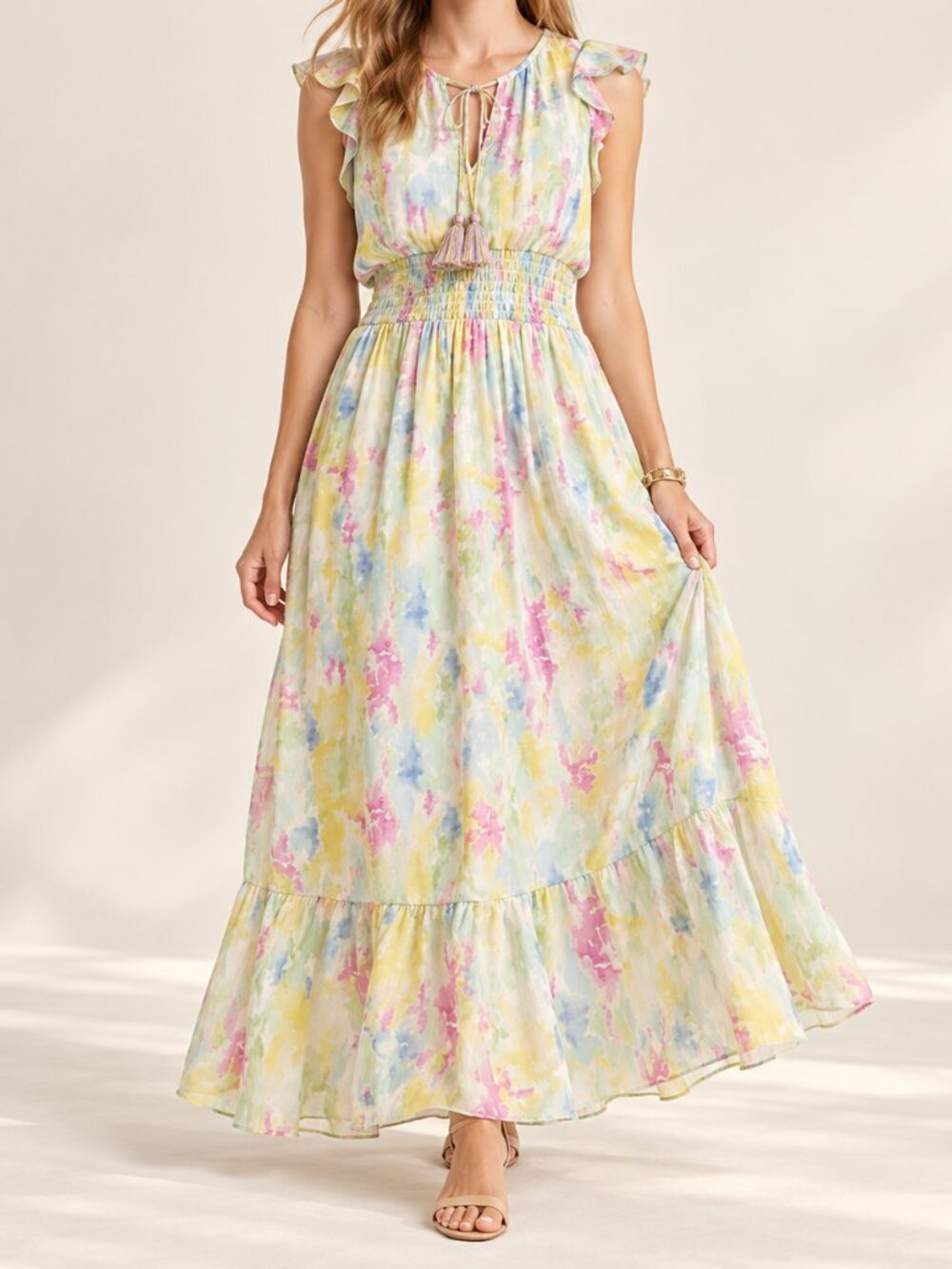 NWT Anthropologie Pastel Watercolor Smocked Maxi Dress